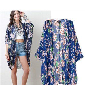 OLRAIN YELLOW & WHITE floral kimono cardigan sheer chiffon Size small